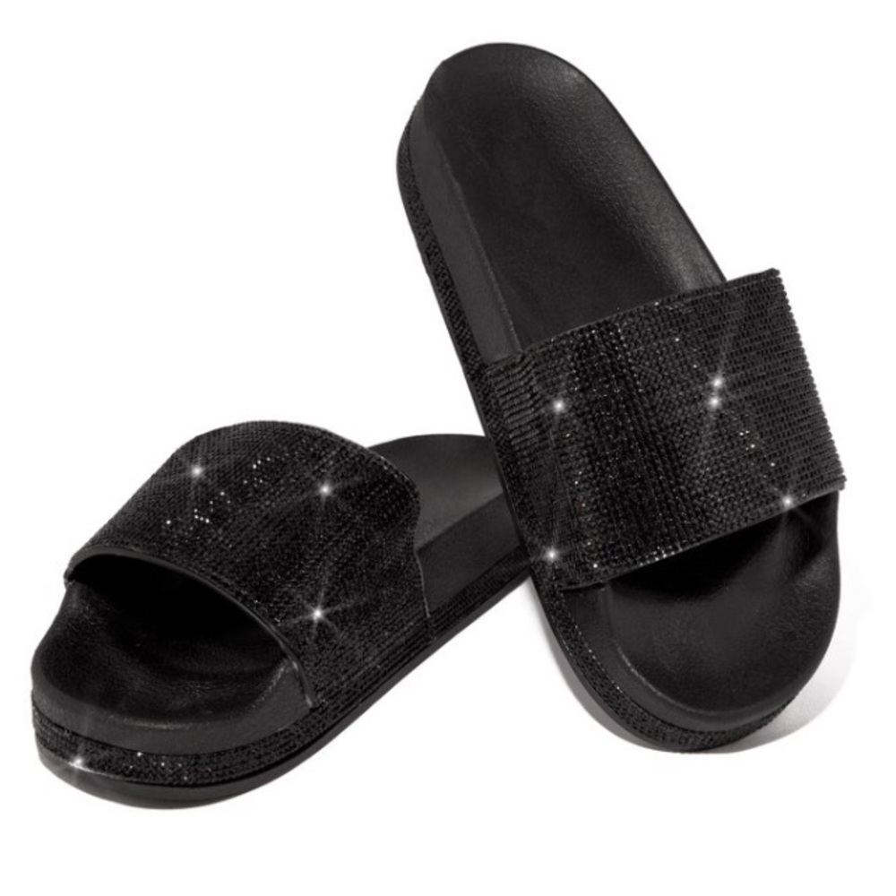 Black rhinestone slide sandals/slippers